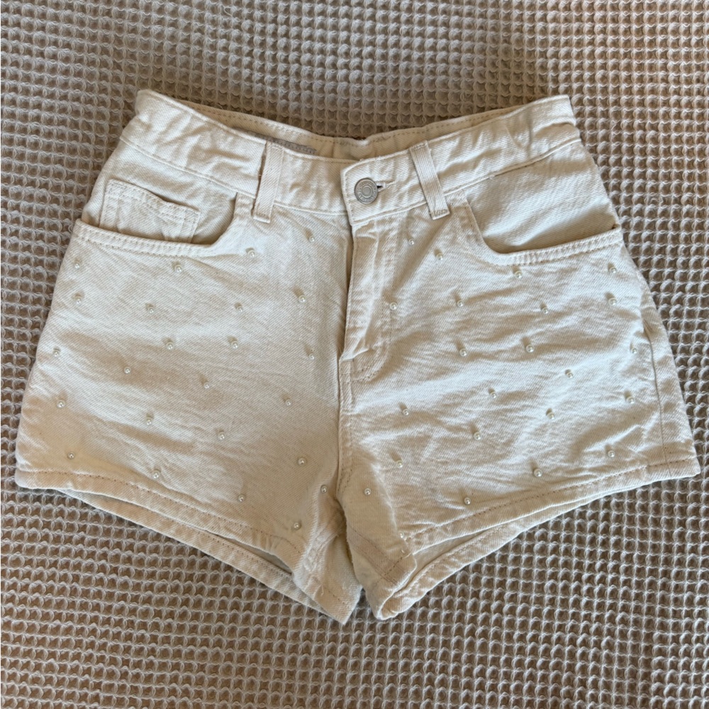 Zara Cream Pearl Embellished Kids Denim Shorts